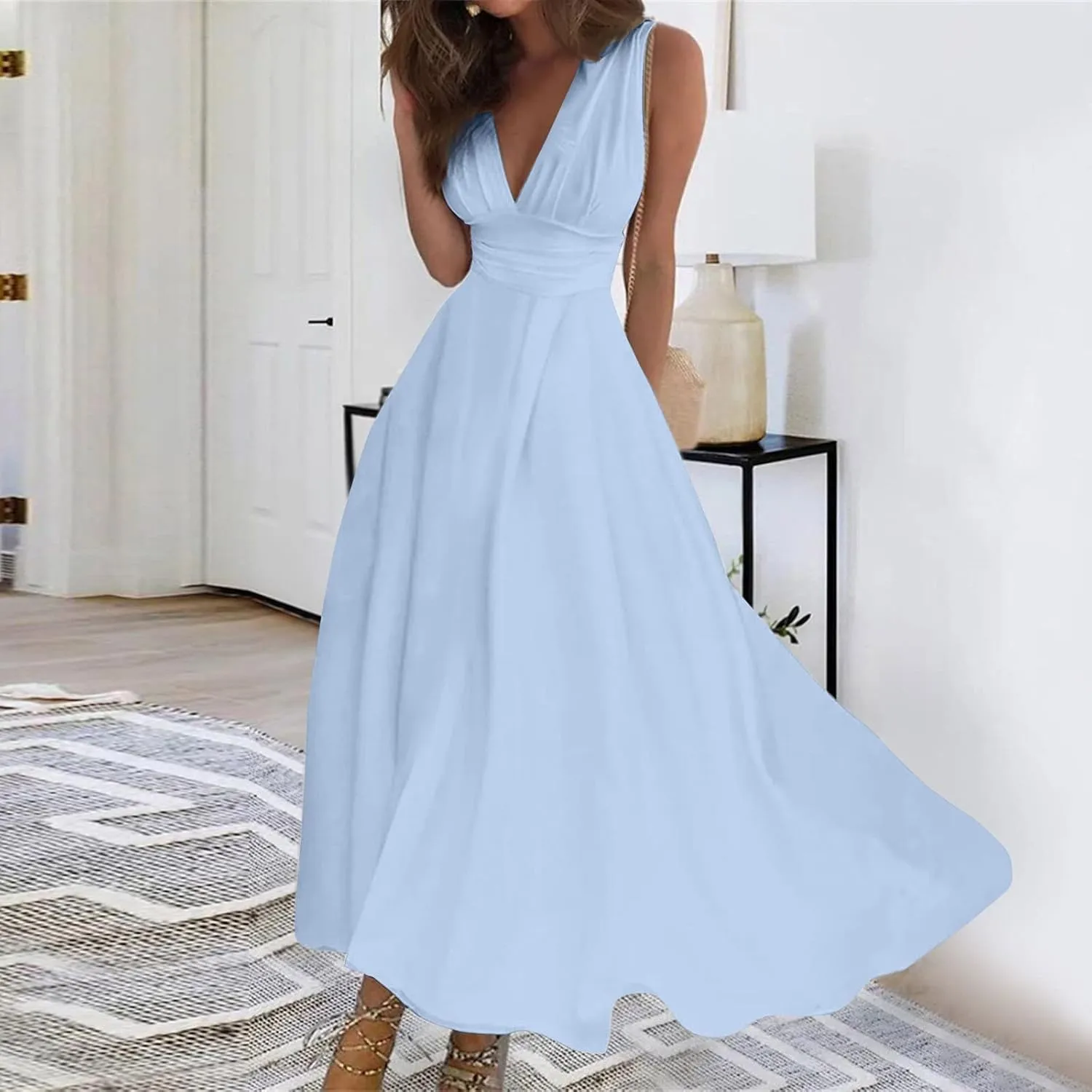 Palaver Summer Dresses for Women 2025 Elegant Wrap V Neck Sleeveless Maxi Dress Print Flowy Beach Vacation Sundresses