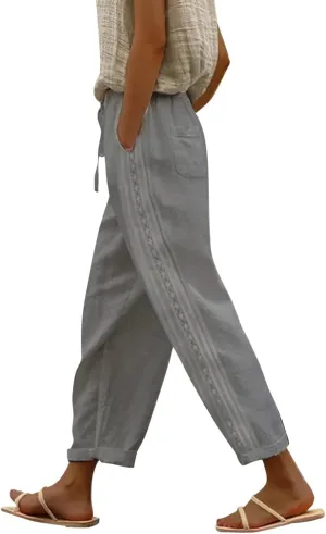 Pants for Women, Stripe Linen Straight Leg Peasant Pants Casual Trendy 2025