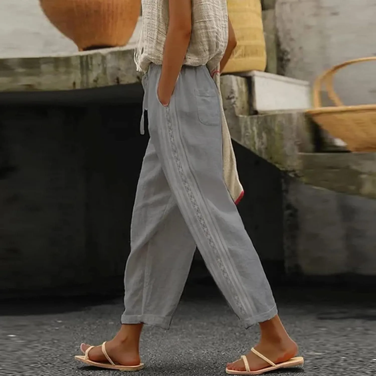 Pants for Women, Stripe Linen Straight Leg Peasant Pants Casual Trendy 2025