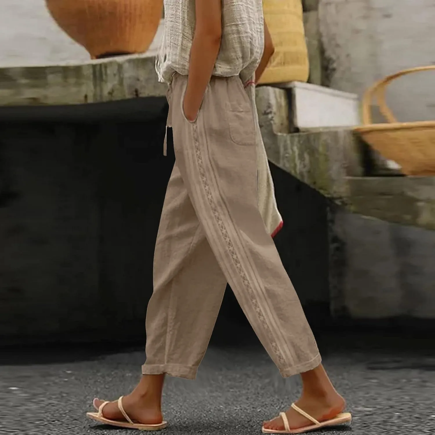 Pants for Women, Stripe Linen Straight Leg Peasant Pants Casual Trendy 2025