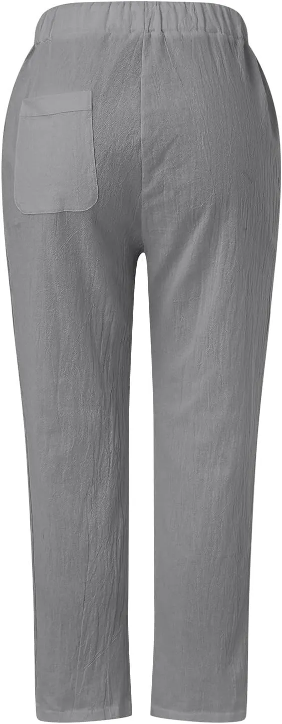 Pants for Women, Stripe Linen Straight Leg Peasant Pants Casual Trendy 2025