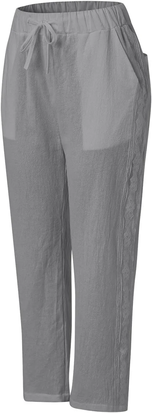 Pants for Women, Stripe Linen Straight Leg Peasant Pants Casual Trendy 2025
