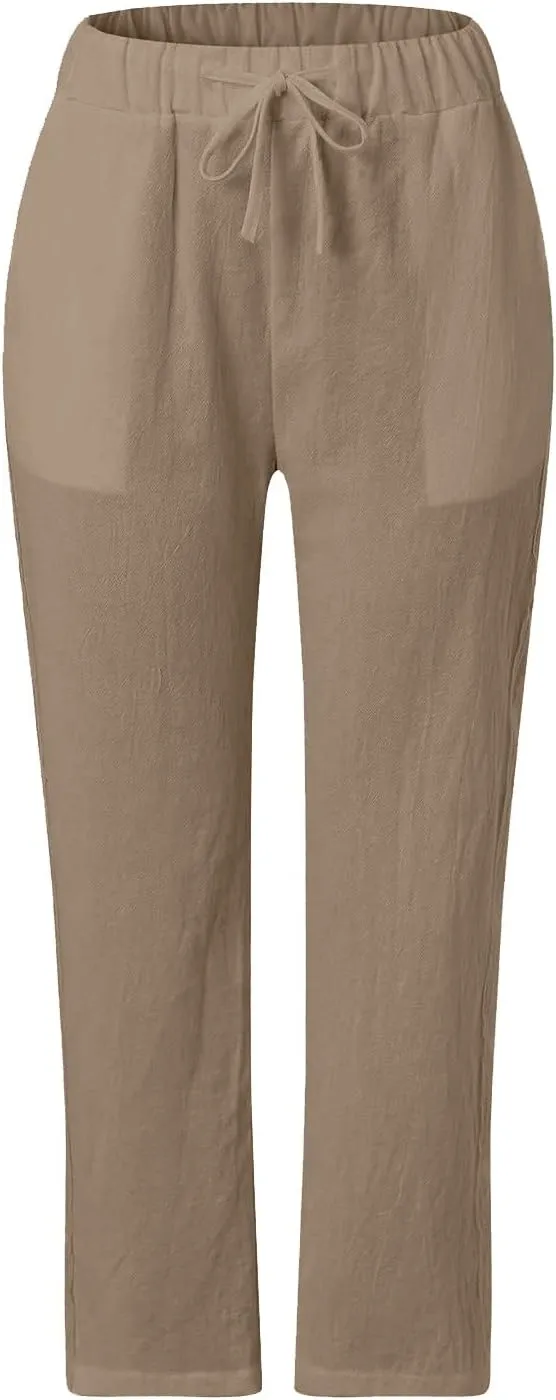 Pants for Women, Stripe Linen Straight Leg Peasant Pants Casual Trendy 2025