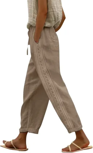 Pants for Women, Stripe Linen Straight Leg Peasant Pants Casual Trendy 2025