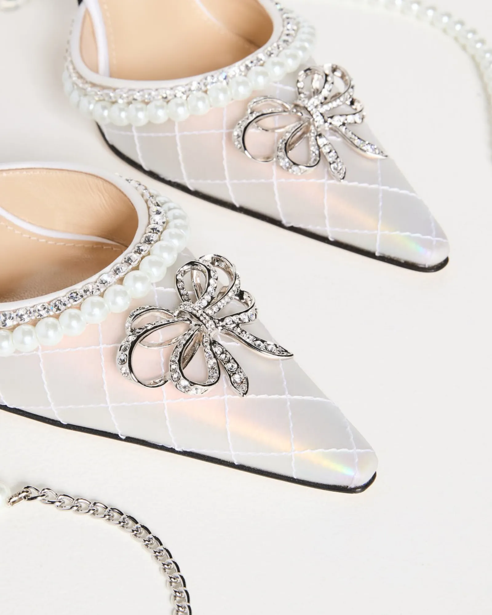 Paola Pearl Bow Embellished Satin Strap Pumps
