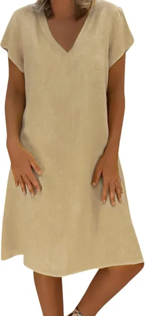 Plus Size Cotton Linen Dresses for Women 2024 Trendy, Summer Casual V-Neck Solid Short Sleeve Loose Beach Midi Dress Women Dresses Plus Size Women Dresses Knee Length Khaki
