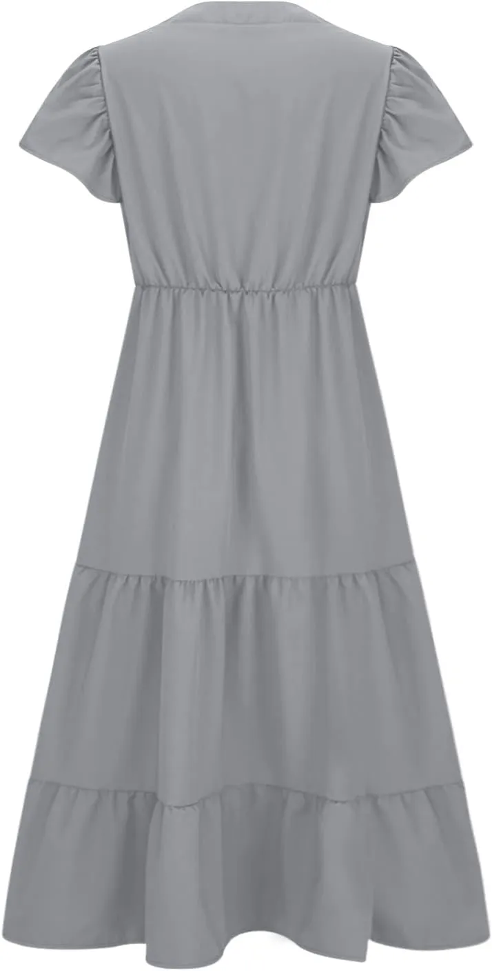 Plus Size Dress for Women V Neck Ruffle Short Sleeve Summer Casual Tiered Sundress Sleeveless with Pockets