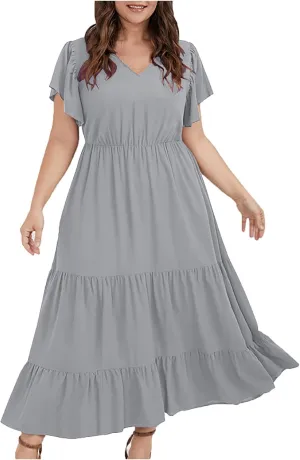 Plus Size Dress for Women V Neck Ruffle Short Sleeve Summer Casual Tiered Sundress Sleeveless with Pockets