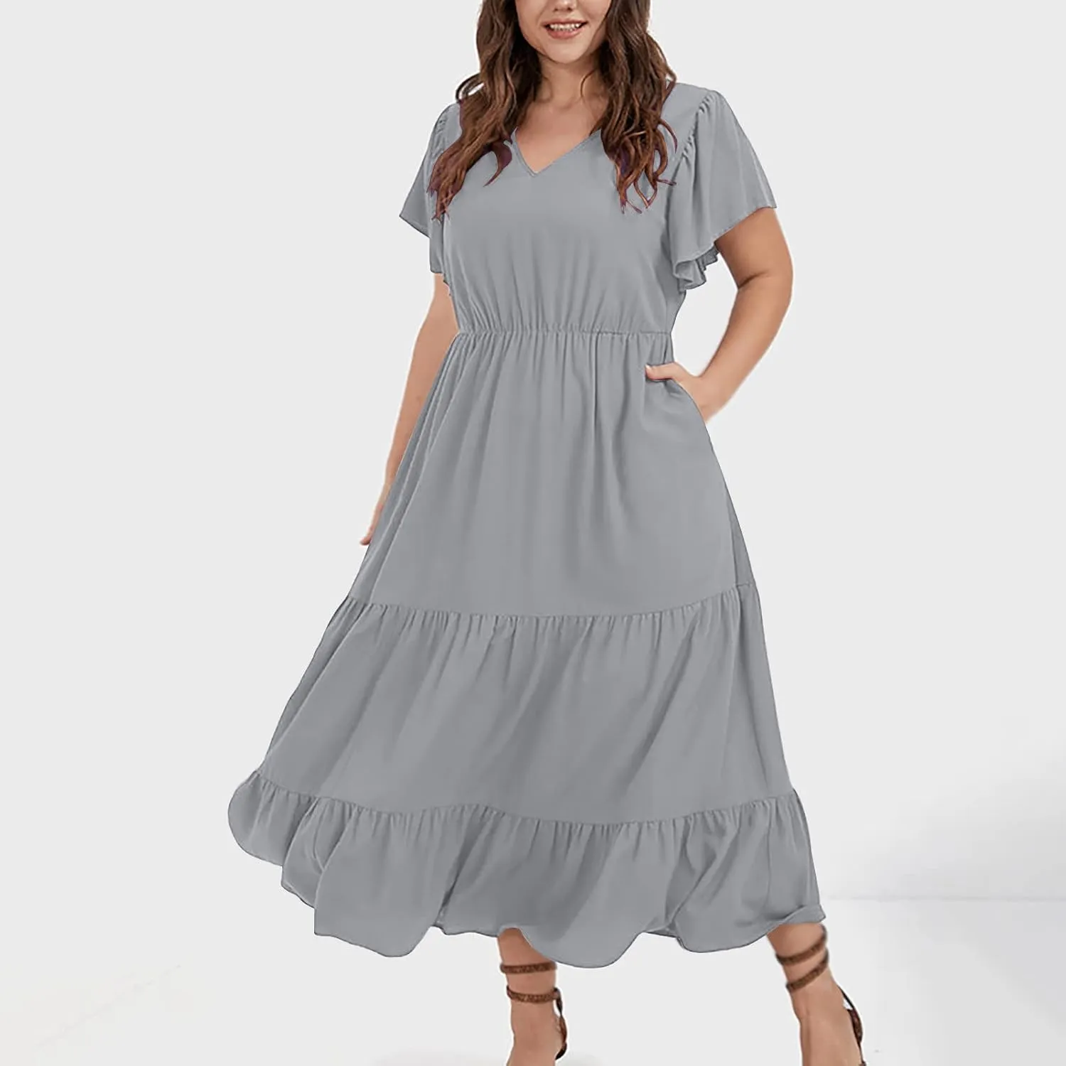 Plus Size Dress for Women V Neck Ruffle Short Sleeve Summer Casual Tiered Sundress Sleeveless with Pockets