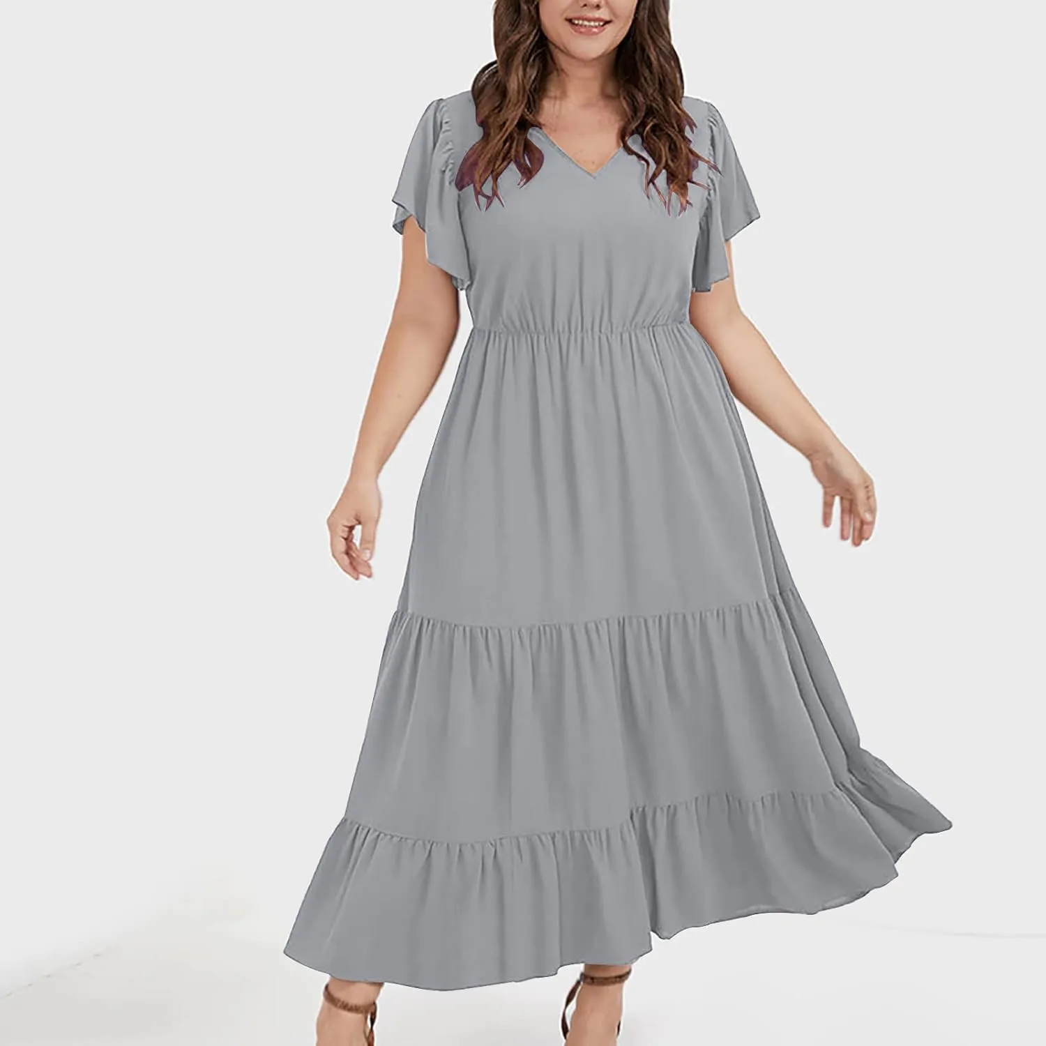 Plus Size Dress for Women V Neck Ruffle Short Sleeve Summer Casual Tiered Sundress Sleeveless with Pockets