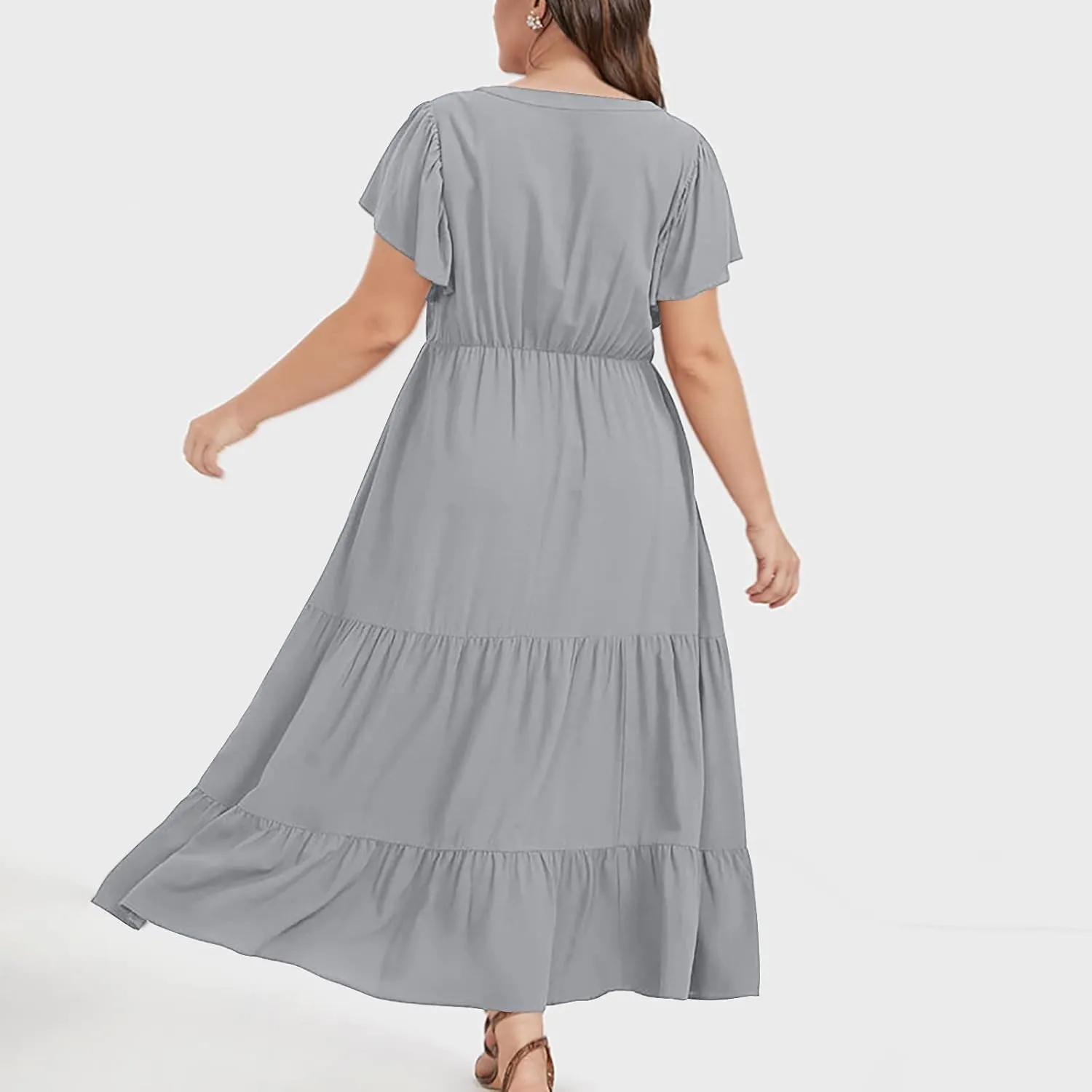 Plus Size Dress for Women V Neck Ruffle Short Sleeve Summer Casual Tiered Sundress Sleeveless with Pockets
