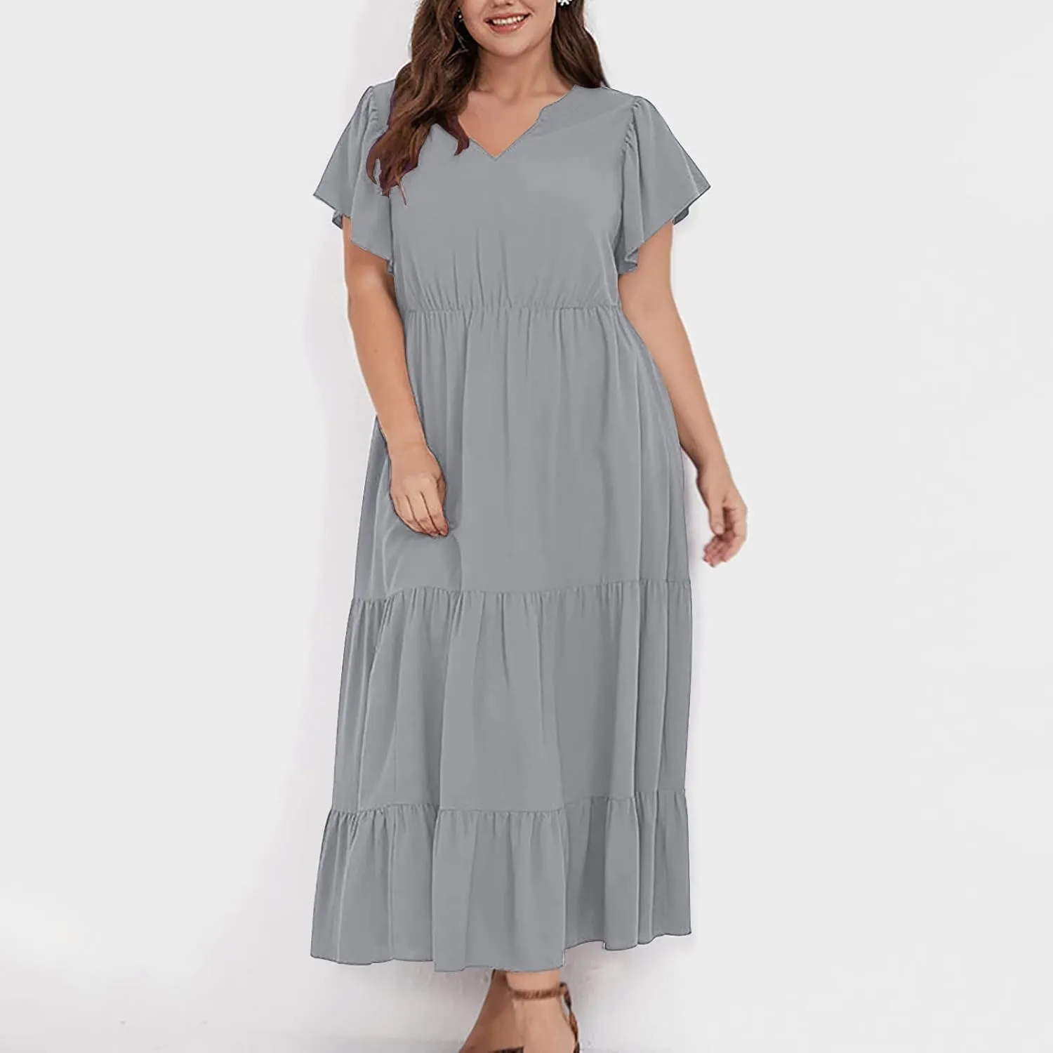 Plus Size Dress for Women V Neck Ruffle Short Sleeve Summer Casual Tiered Sundress Sleeveless with Pockets