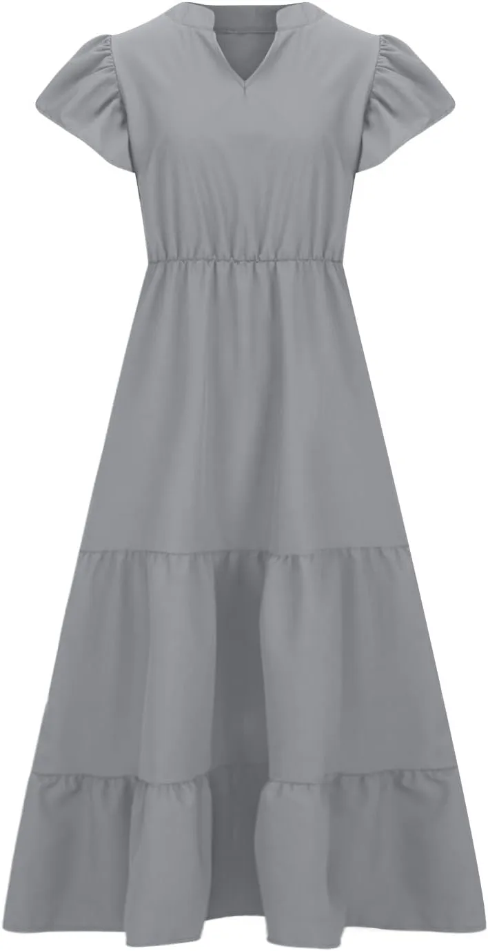 Plus Size Dress for Women V Neck Ruffle Short Sleeve Summer Casual Tiered Sundress Sleeveless with Pockets