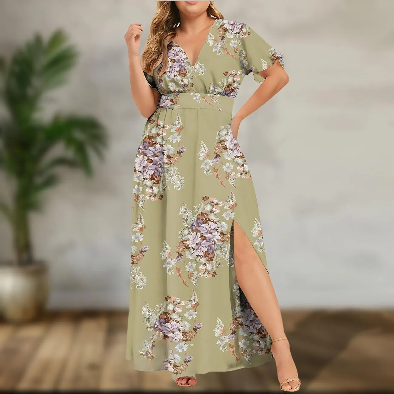 Plus Size Dresses for Women Casual Floral Maxi V Neck Flowy Long Dress Loose Comfy Summer Beach Vacation Sundress