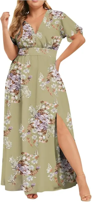 Plus Size Dresses for Women Casual Floral Maxi V Neck Flowy Long Dress Loose Comfy Summer Beach Vacation Sundress