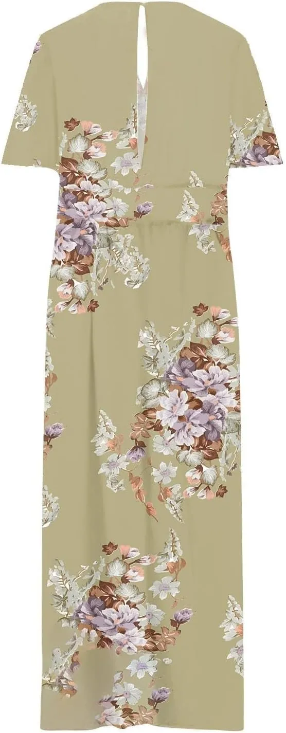 Plus Size Dresses for Women Casual Floral Maxi V Neck Flowy Long Dress Loose Comfy Summer Beach Vacation Sundress