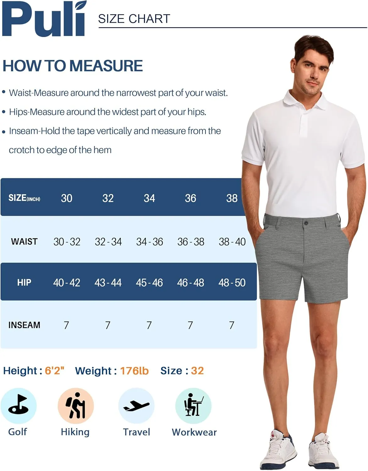 PULI Golf Shorts Men 5 Inch Inseam Relaxed Fit Stretch Dress Lightweight Casual Travel Quick Dry Summer Shorts