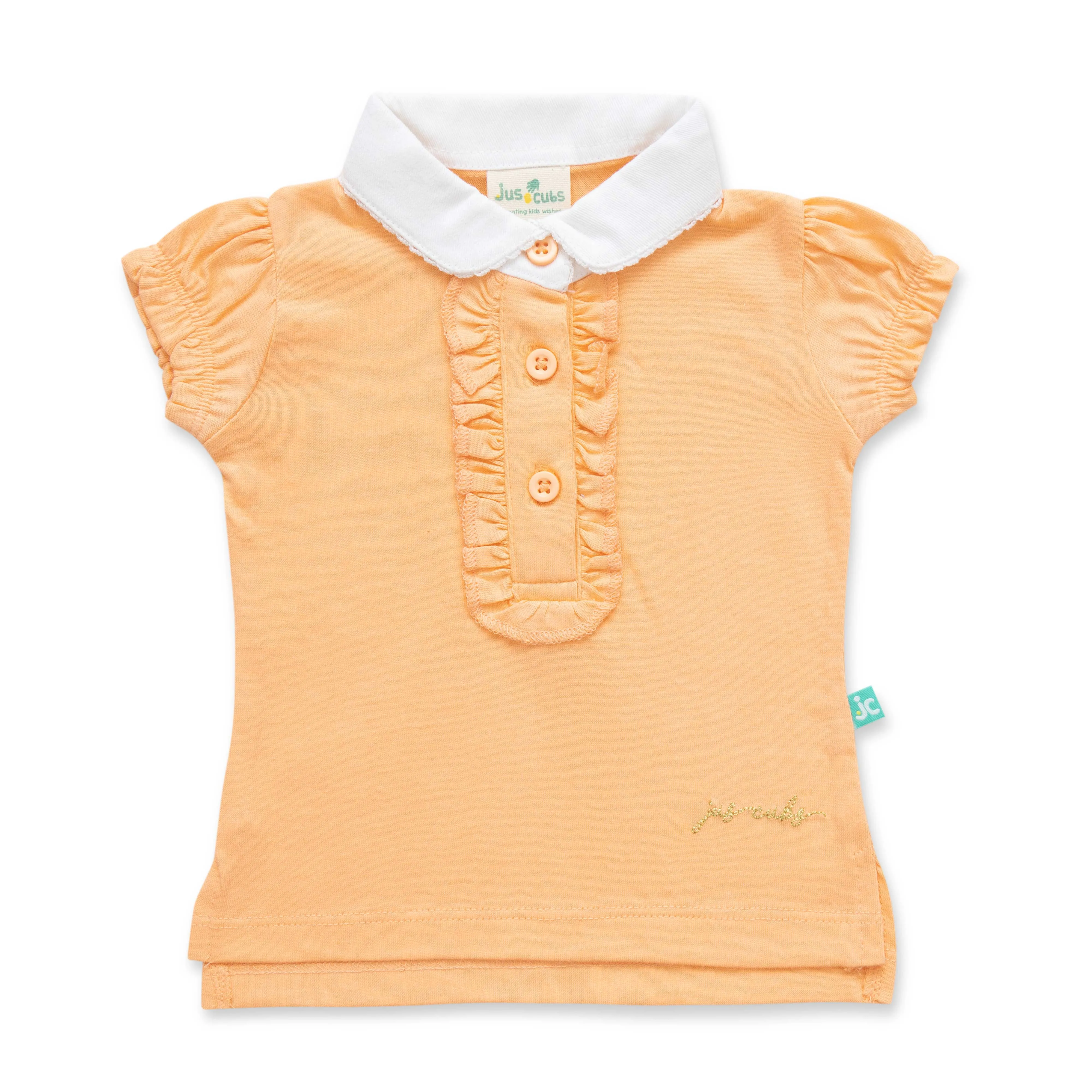 "Girls' Orange Polo T-Shirt with Ruffled Button Placket & White Collar"