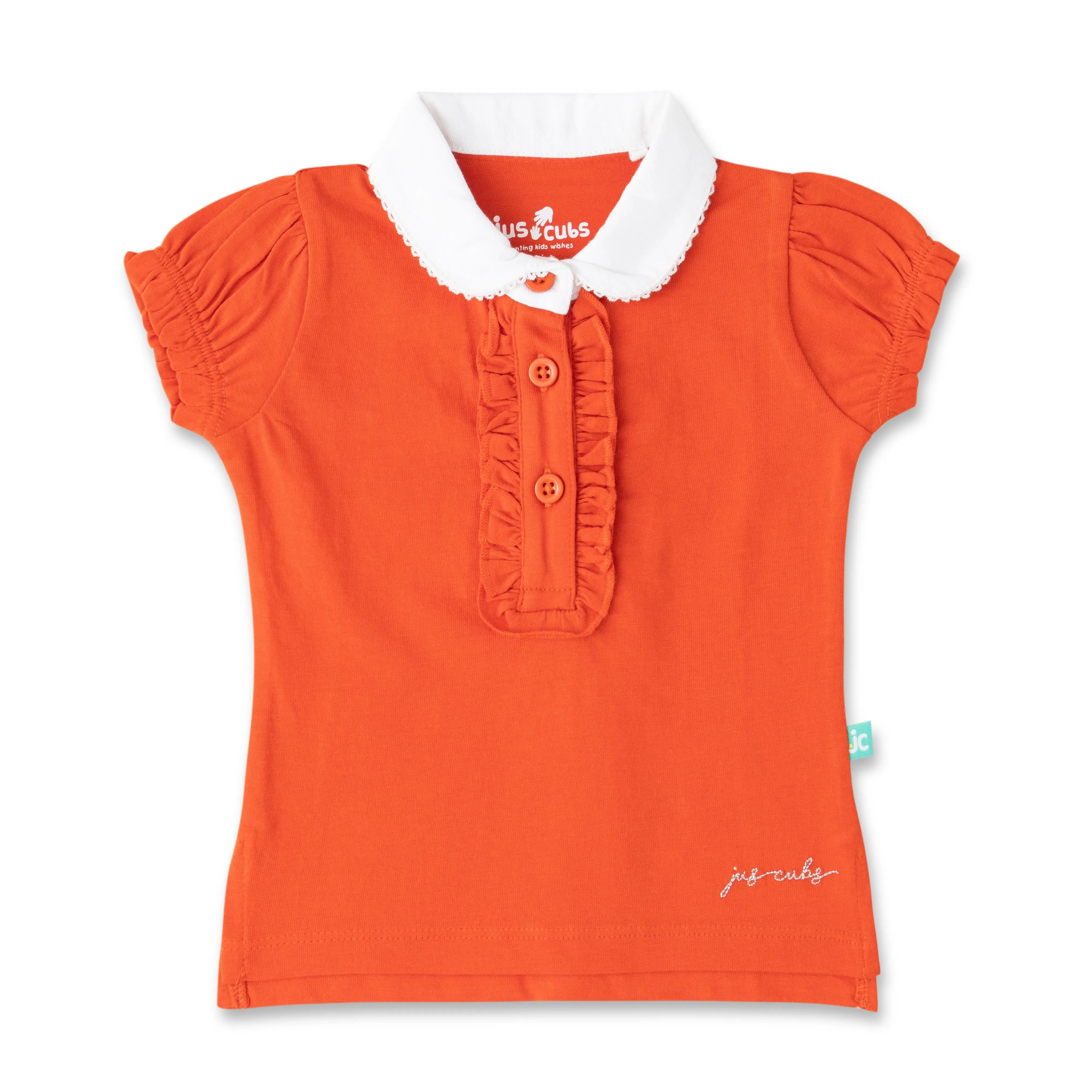 "Girls' Orange Solid Polo T-Shirt with Ruffled Button Placket , White Collar & Embroidered Logo"