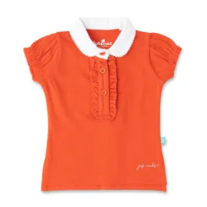 "Girls' Orange Solid Polo T-Shirt with Ruffled Button Placket , White Collar & Embroidered Logo"