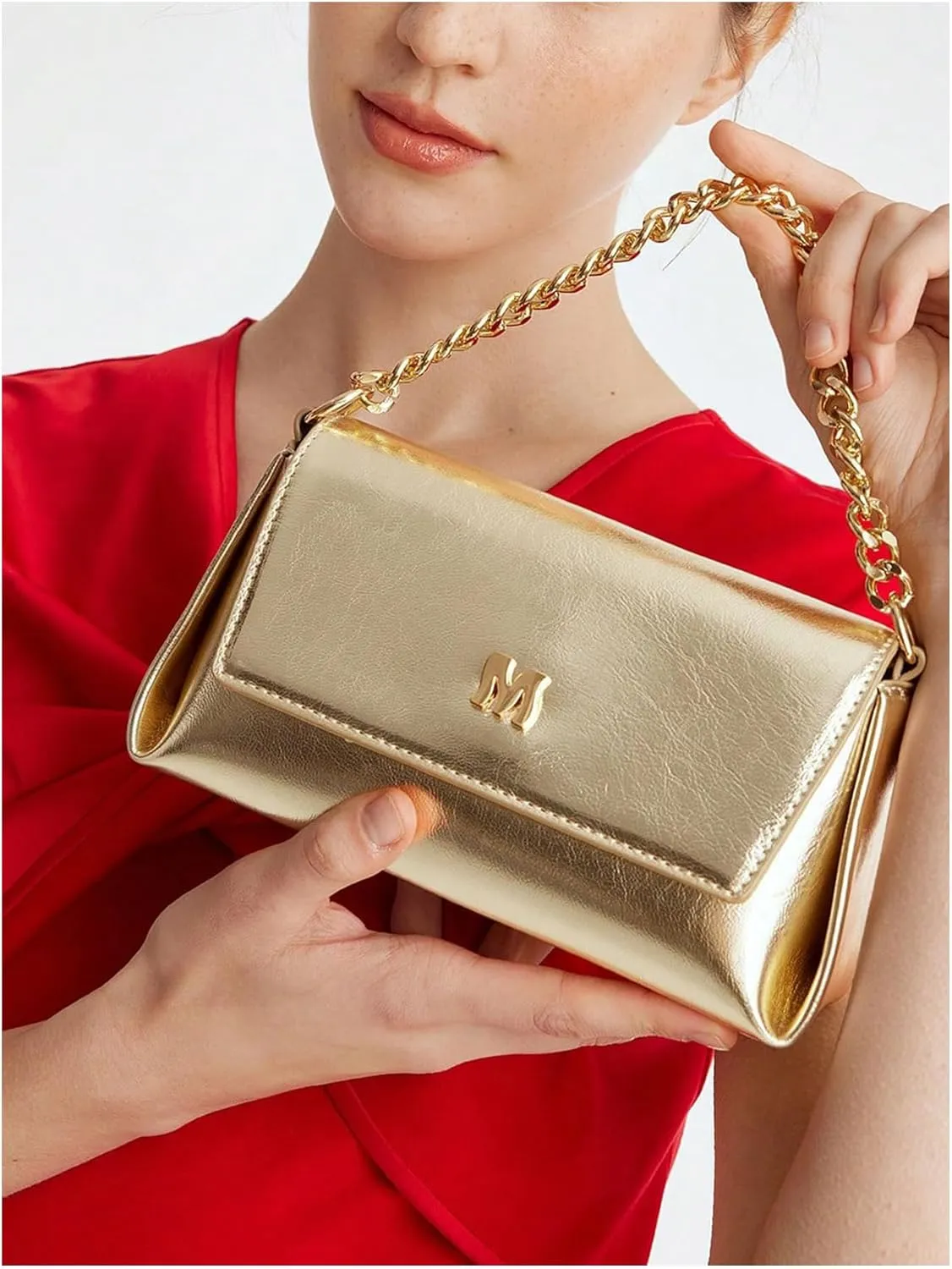 QWINEE Women's Leather Crossbody Bags Metallic Flap Clutch Purse Adjustable Strap Square Bag