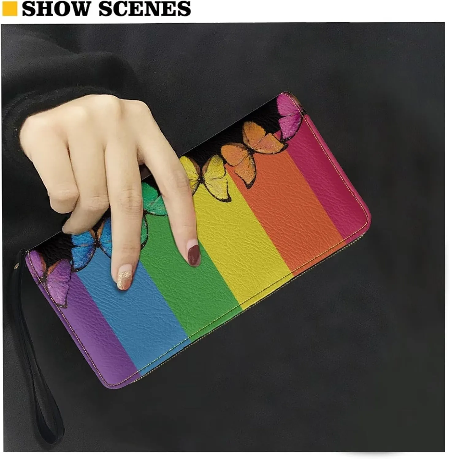 Rainbow Butterfly Wristlet Wallet for Womens Leather RFID Blocking Zip Around Card Holder Organizer Travel Clutch Bags