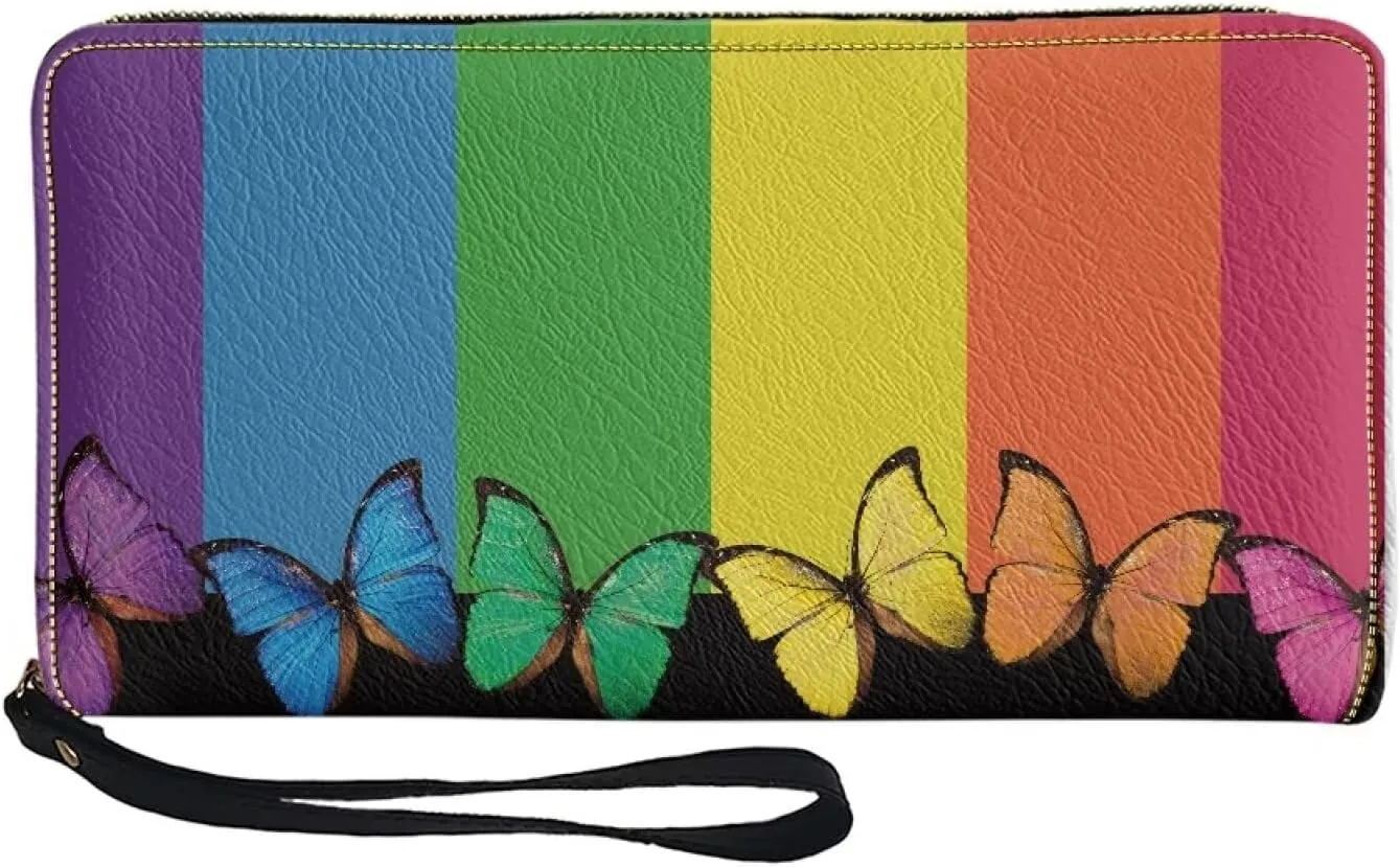 Rainbow Butterfly Wristlet Wallet for Womens Leather RFID Blocking Zip Around Card Holder Organizer Travel Clutch Bags