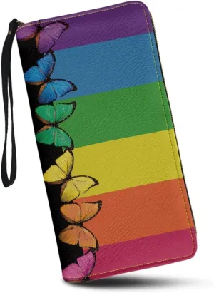 Rainbow Butterfly Wristlet Wallet for Womens Leather RFID Blocking Zip Around Card Holder Organizer Travel Clutch Bags