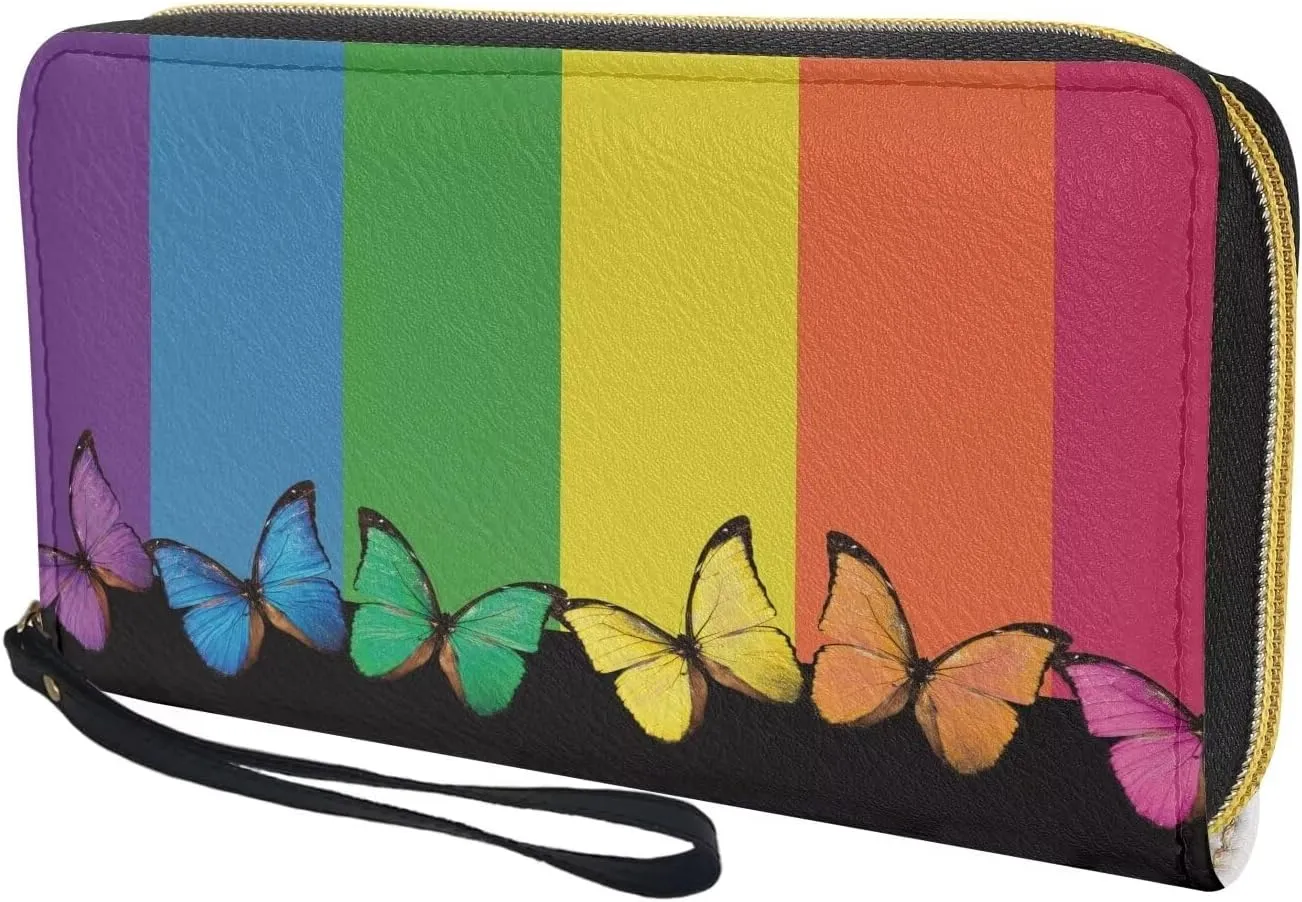 Rainbow Butterfly Wristlet Wallet for Womens Leather RFID Blocking Zip Around Card Holder Organizer Travel Clutch Bags