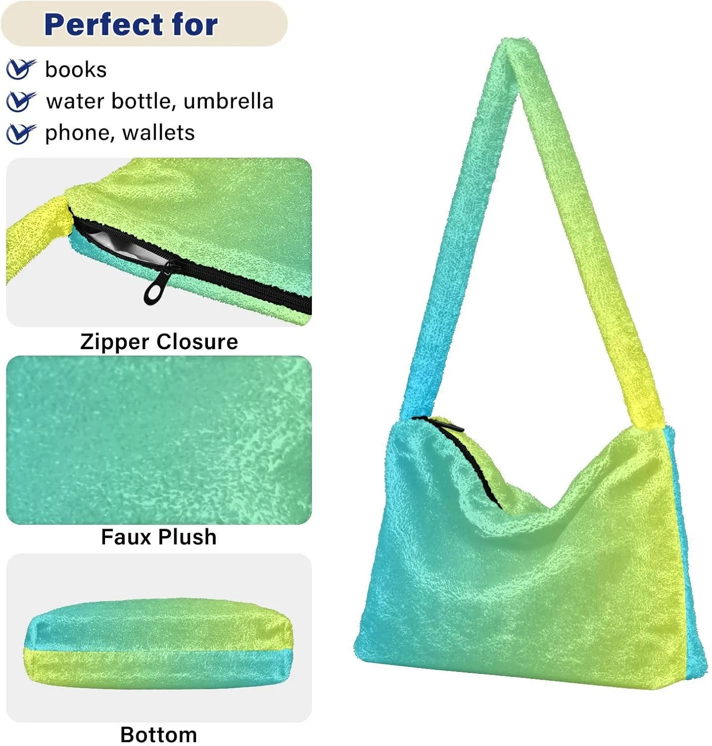 Rainbow Gradient Shoulder Tote Bags for Women Furry Crossbody bag with Zipper Hobo Handbag Purses for University Teen Girls
