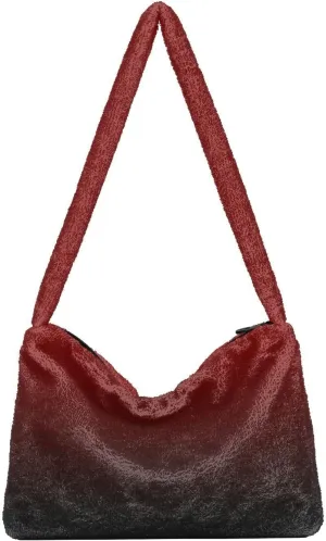 Rainbow Gradient Shoulder Tote Bags for Women Furry Crossbody bag with Zipper Hobo Handbag Purses for University Teen Girls