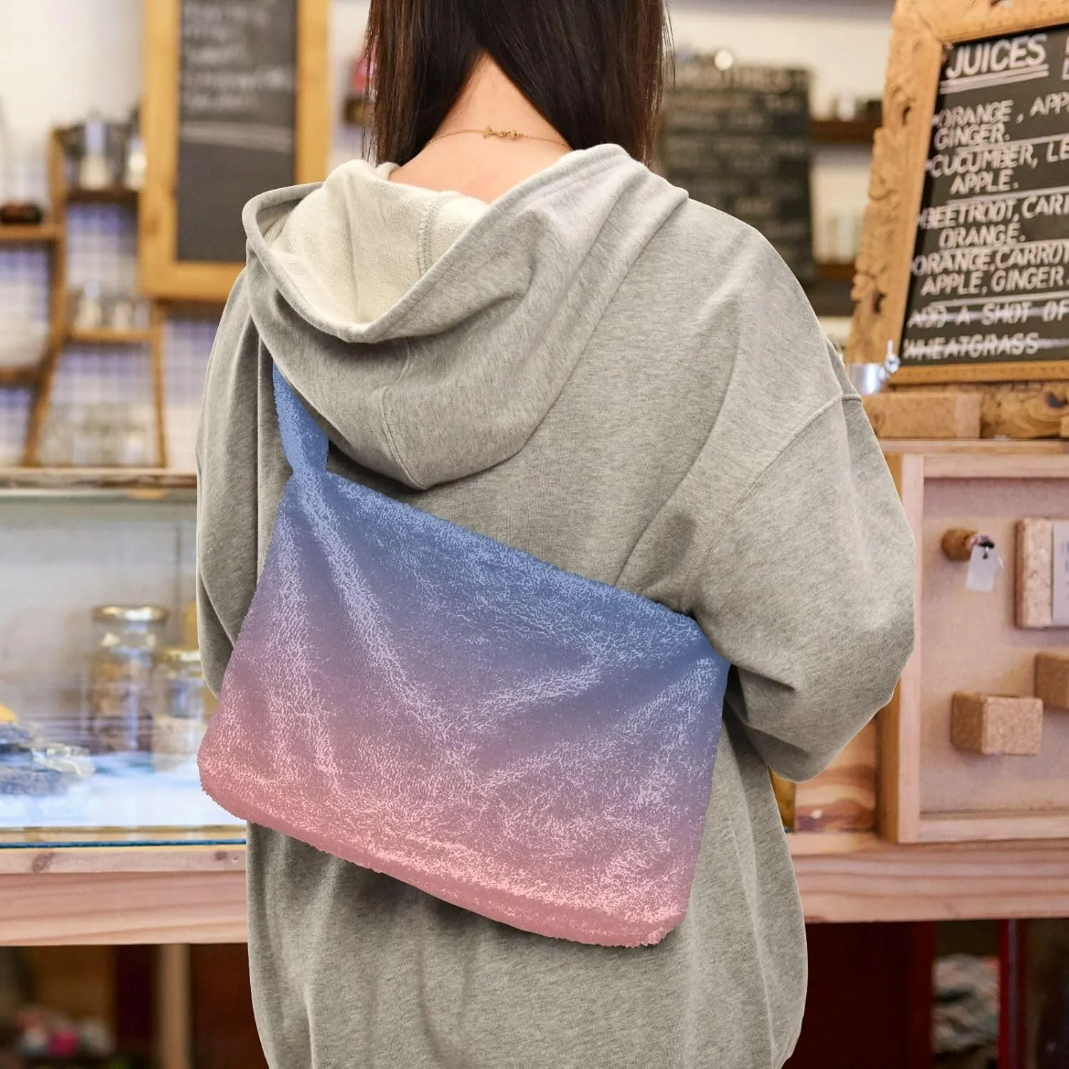 Rainbow Gradient Shoulder Tote Bags for Women Furry Crossbody bag with Zipper Hobo Handbag Purses for University Teen Girls