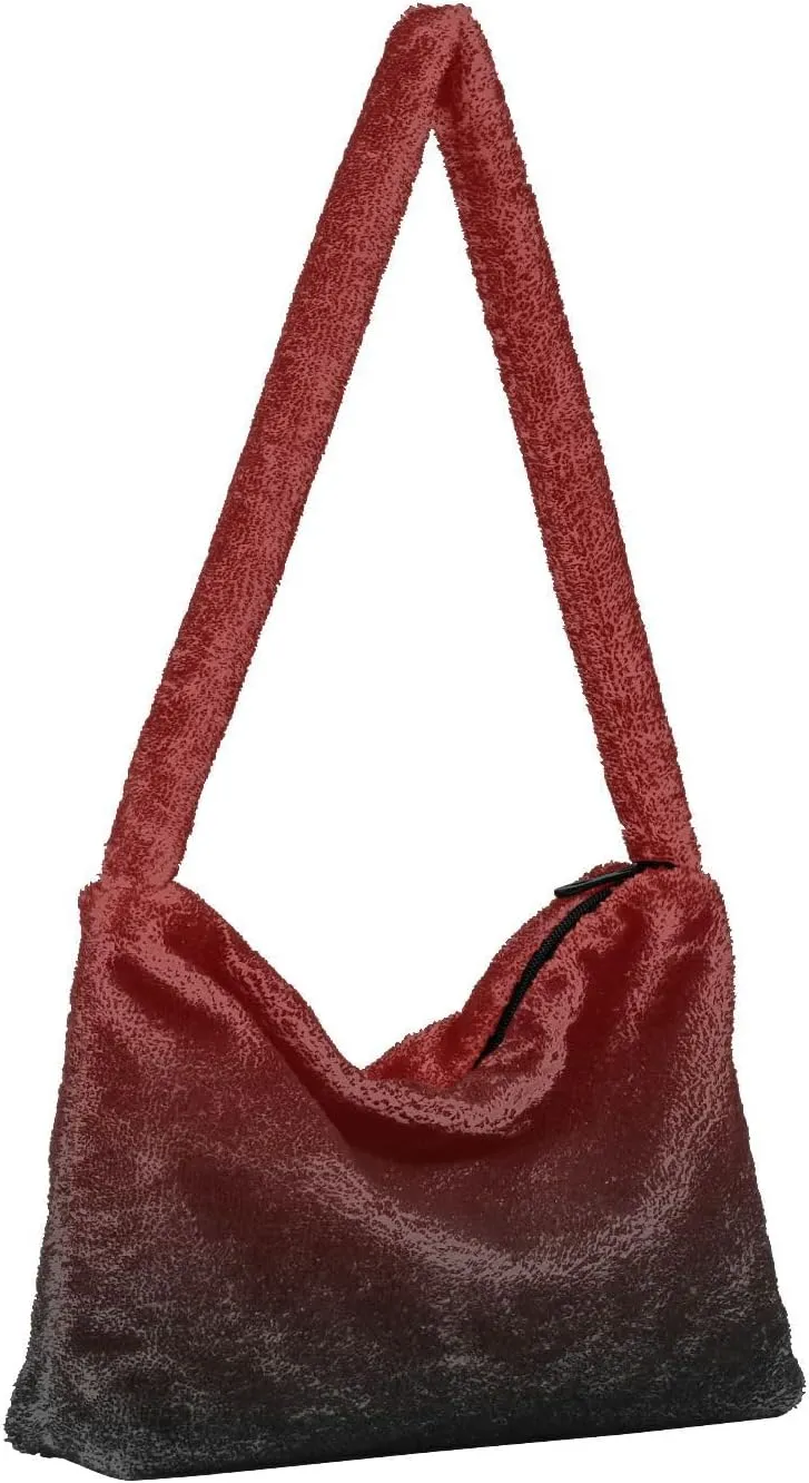 Rainbow Gradient Shoulder Tote Bags for Women Furry Crossbody bag with Zipper Hobo Handbag Purses for University Teen Girls