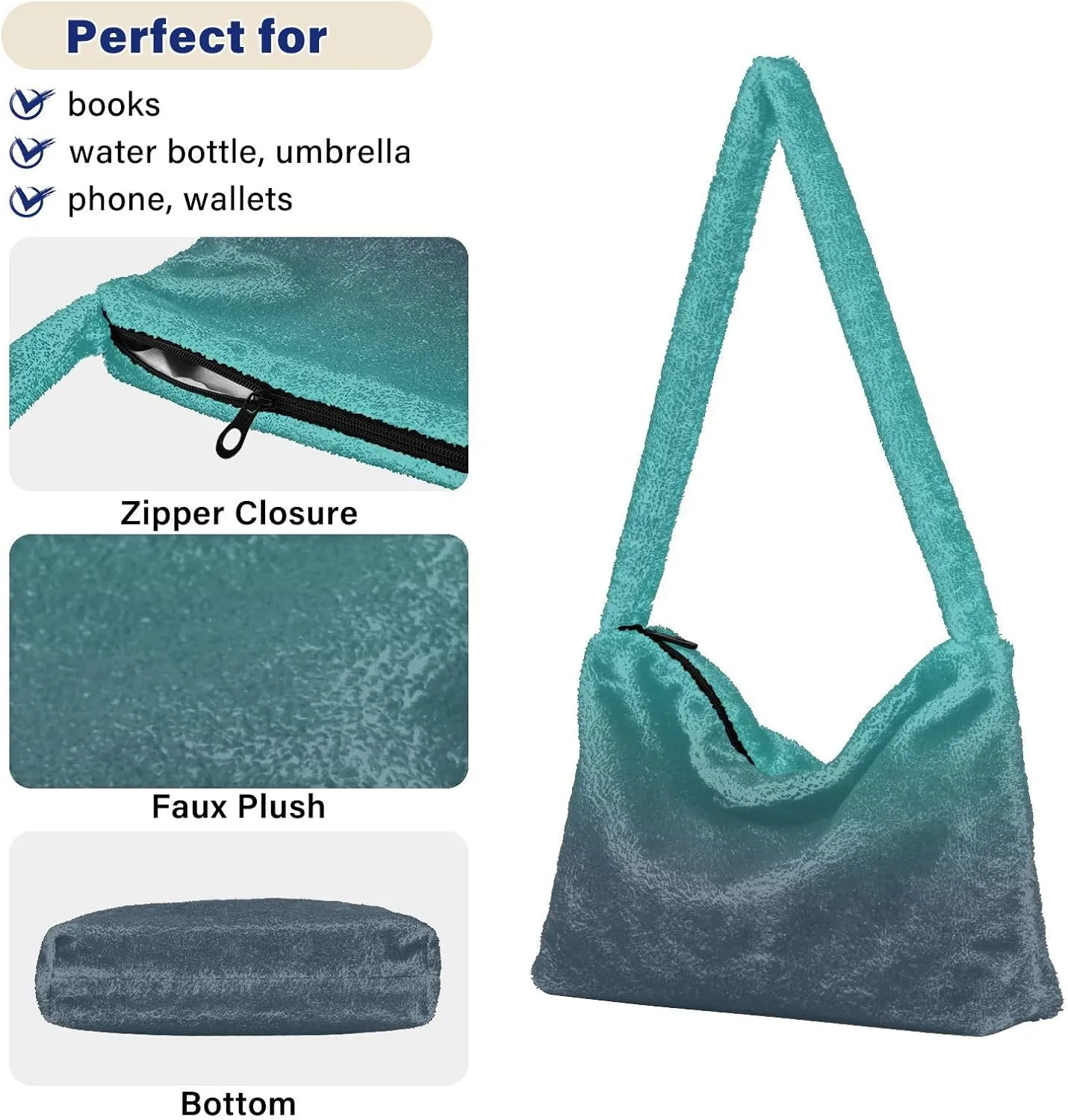Rainbow Gradient Shoulder Tote Bags for Women Furry Crossbody bag with Zipper Hobo Handbag Purses for University Teen Girls