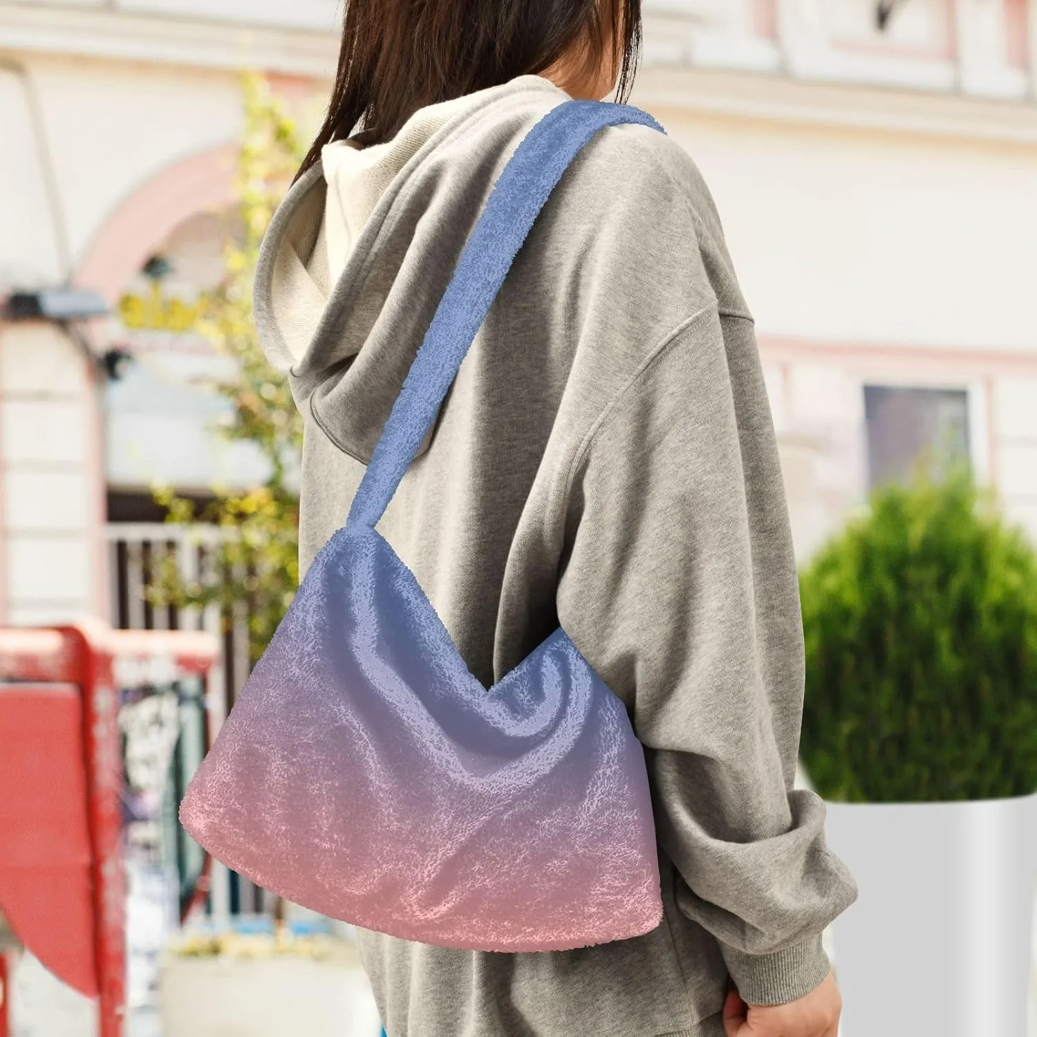 Rainbow Gradient Shoulder Tote Bags for Women Furry Crossbody bag with Zipper Hobo Handbag Purses for University Teen Girls