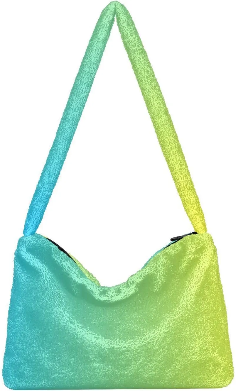 Rainbow Gradient Shoulder Tote Bags for Women Furry Crossbody bag with Zipper Hobo Handbag Purses for University Teen Girls