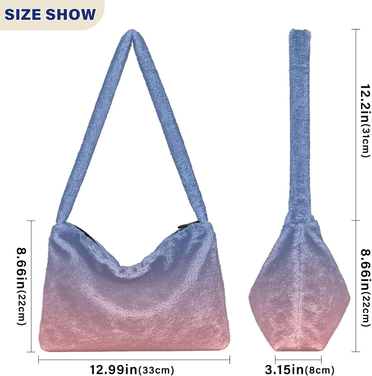 Rainbow Gradient Shoulder Tote Bags for Women Furry Crossbody bag with Zipper Hobo Handbag Purses for University Teen Girls