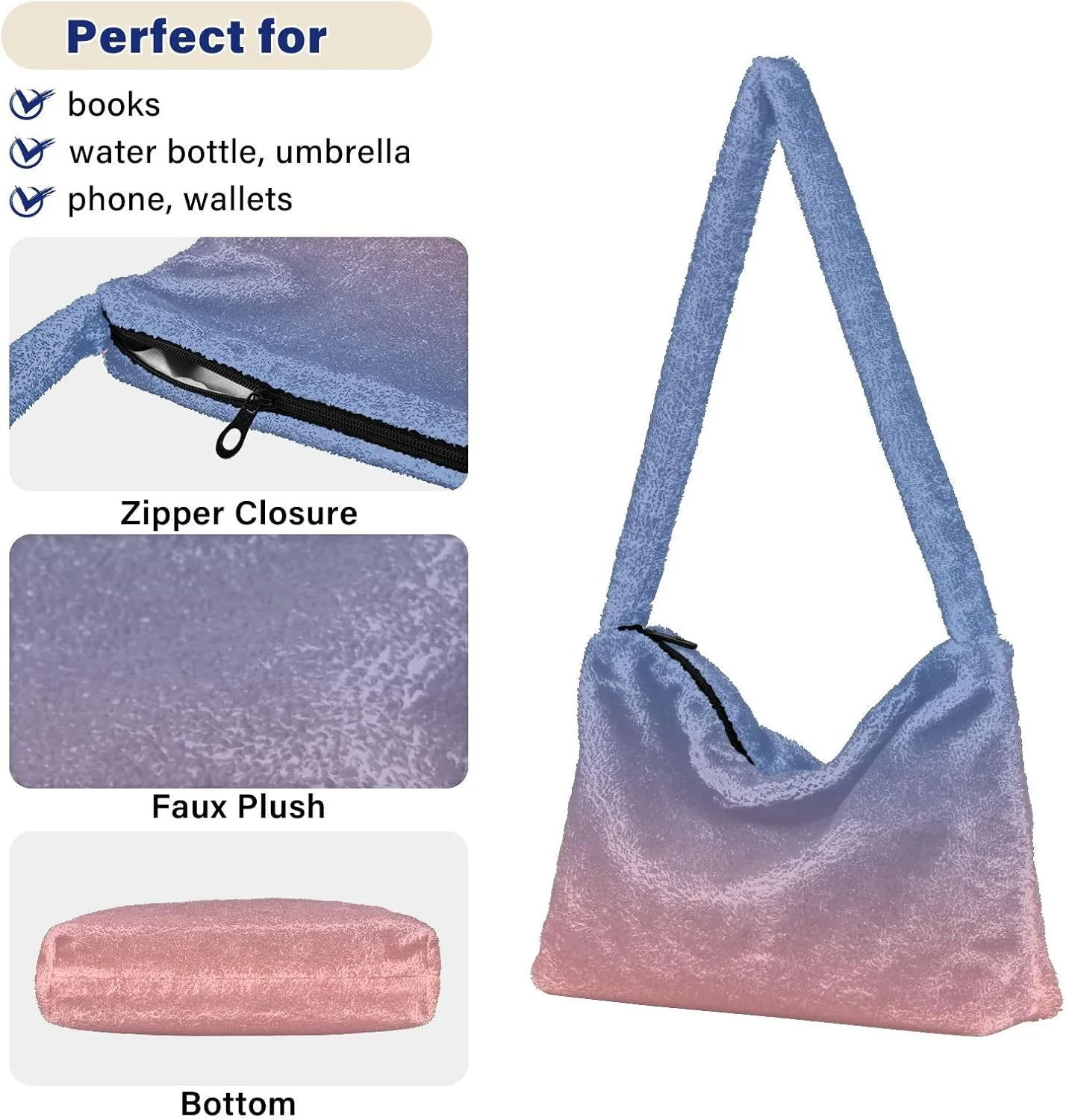 Rainbow Gradient Shoulder Tote Bags for Women Furry Crossbody bag with Zipper Hobo Handbag Purses for University Teen Girls