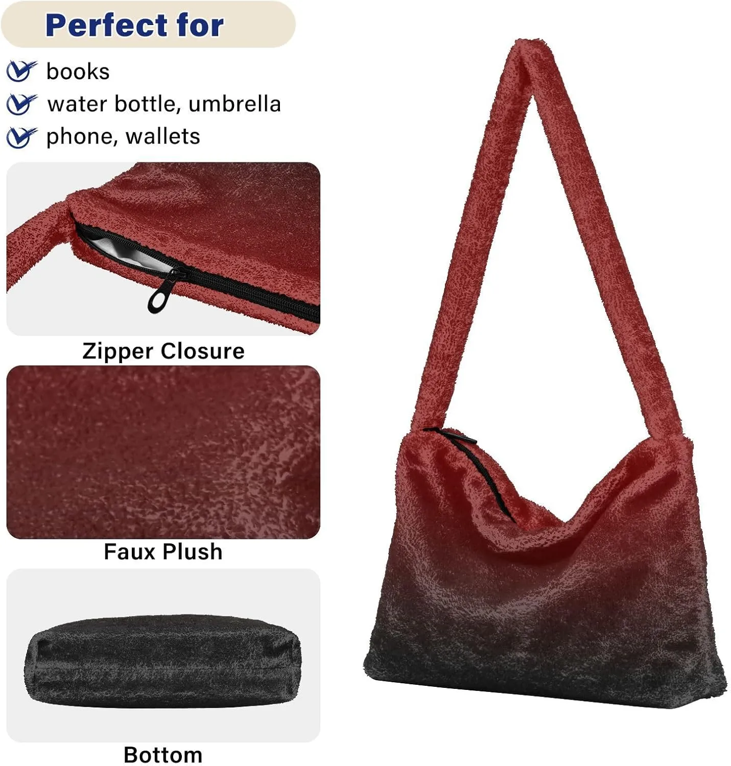 Rainbow Gradient Shoulder Tote Bags for Women Furry Crossbody bag with Zipper Hobo Handbag Purses for University Teen Girls