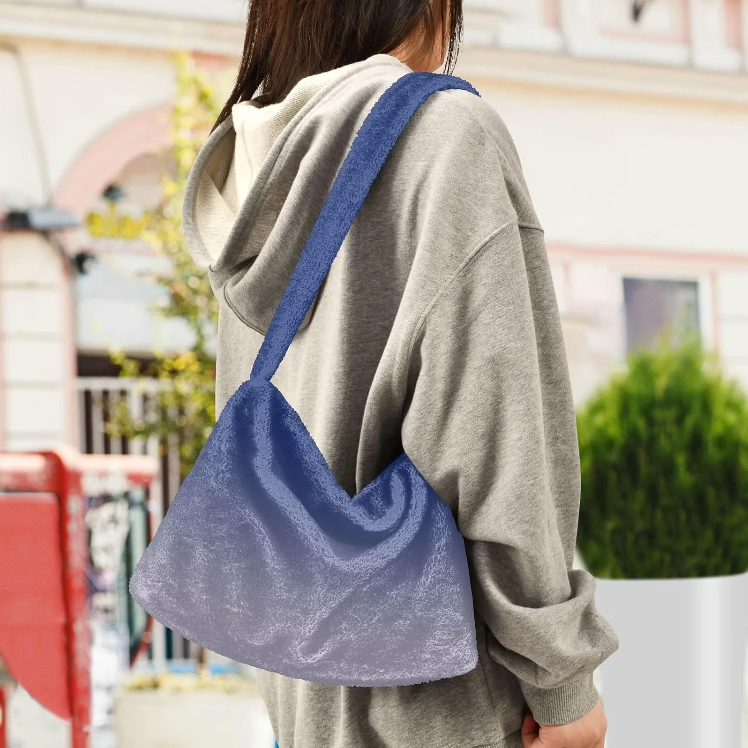 Rainbow Gradient Shoulder Tote Bags for Women Furry Crossbody bag with Zipper Hobo Handbag Purses for University Teen Girls