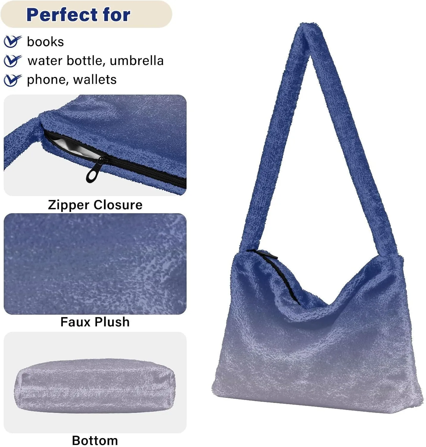 Rainbow Gradient Shoulder Tote Bags for Women Furry Crossbody bag with Zipper Hobo Handbag Purses for University Teen Girls