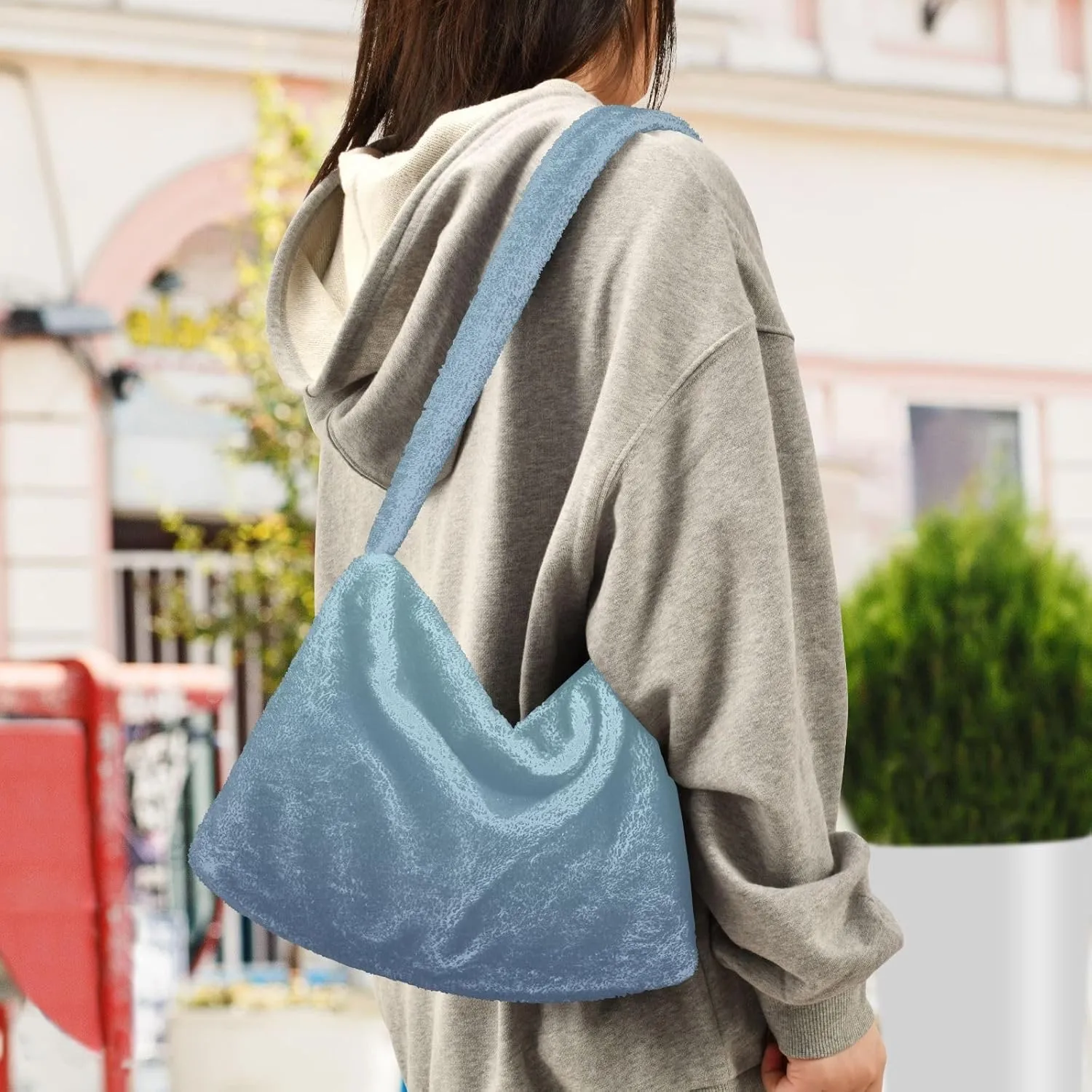 Rainbow Gradient Shoulder Tote Bags for Women Furry Crossbody bag with Zipper Hobo Handbag Purses for University Teen Girls