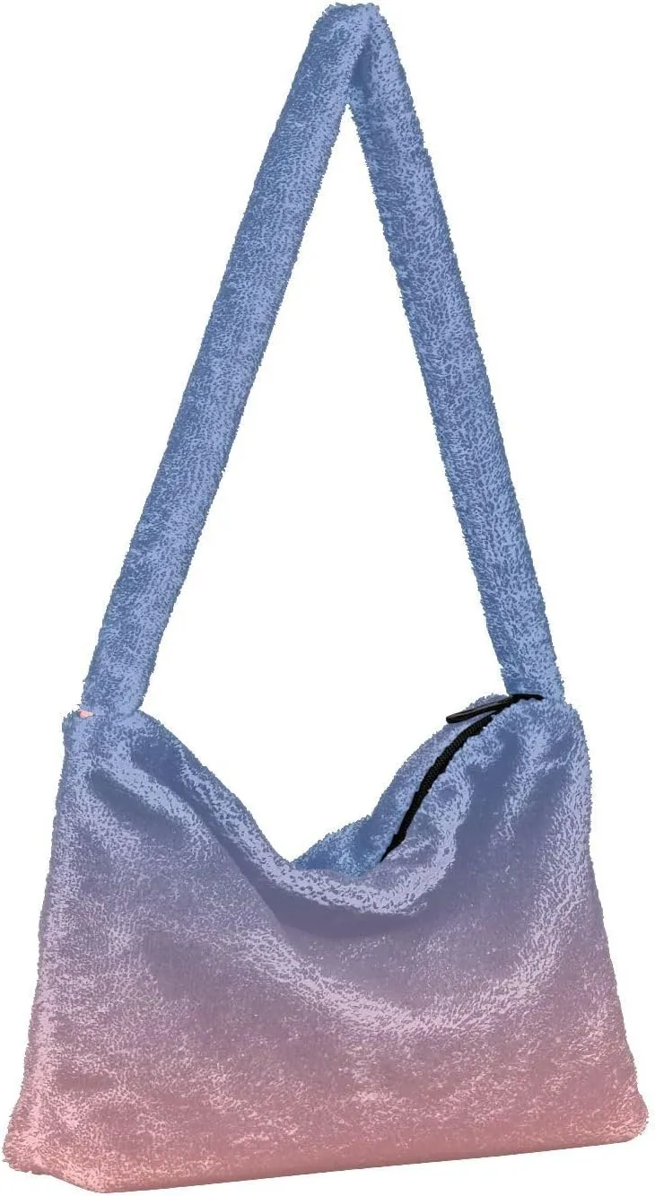 Rainbow Gradient Shoulder Tote Bags for Women Furry Crossbody bag with Zipper Hobo Handbag Purses for University Teen Girls