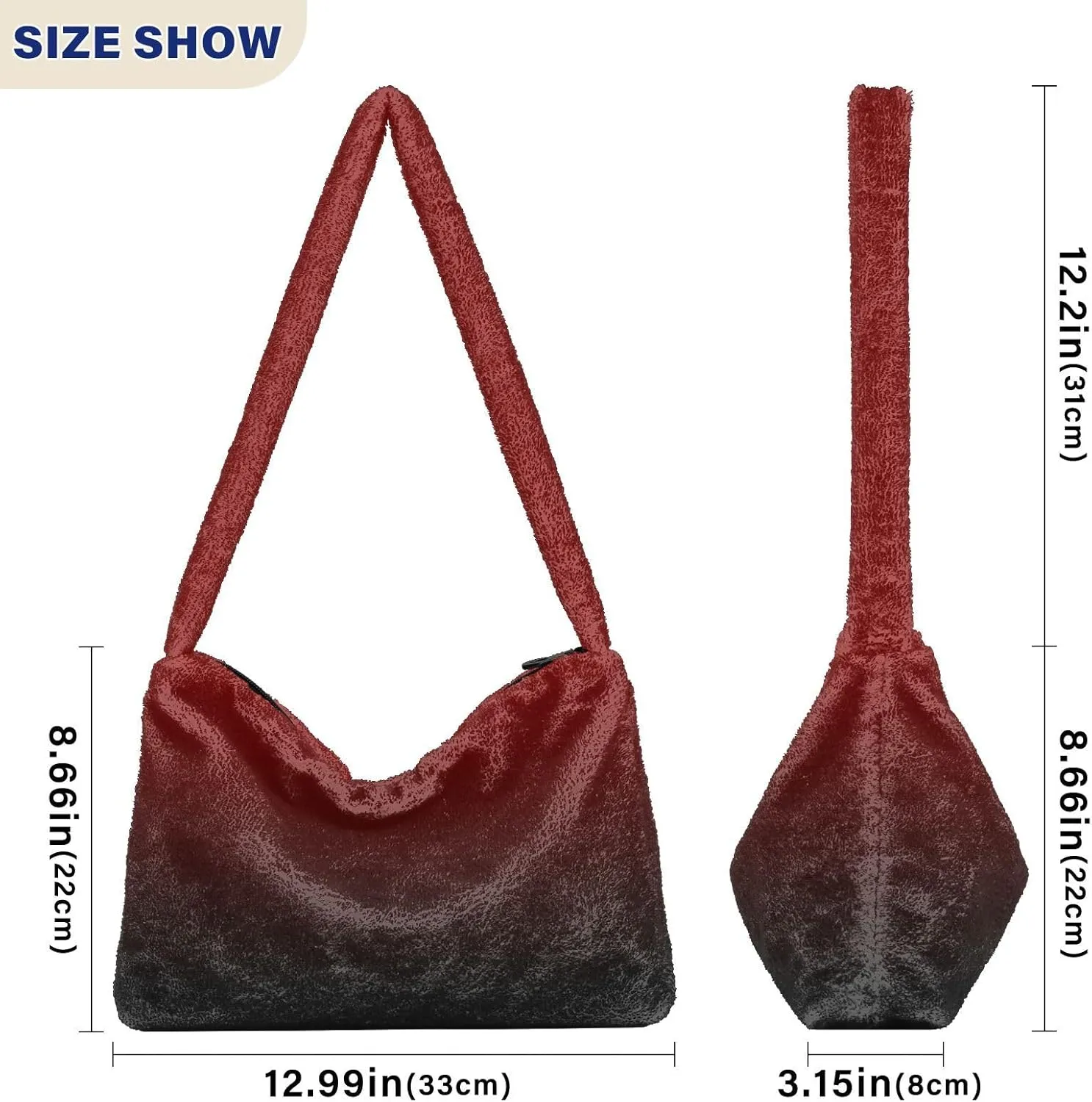 Rainbow Gradient Shoulder Tote Bags for Women Furry Crossbody bag with Zipper Hobo Handbag Purses for University Teen Girls