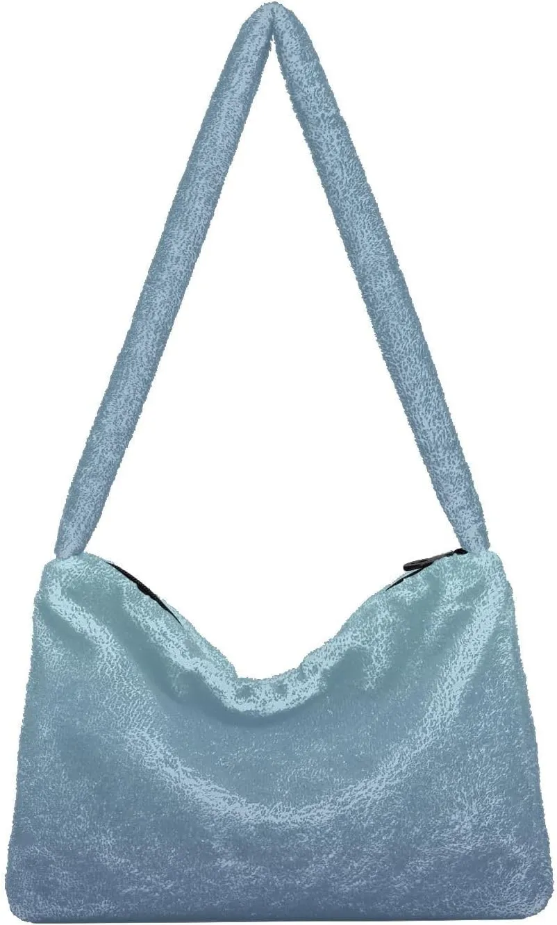 Rainbow Gradient Shoulder Tote Bags for Women Furry Crossbody bag with Zipper Hobo Handbag Purses for University Teen Girls