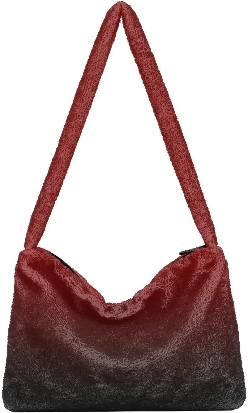 Rainbow Gradient Shoulder Tote Bags for Women Furry Crossbody bag with Zipper Hobo Handbag Purses for University Teen Girls