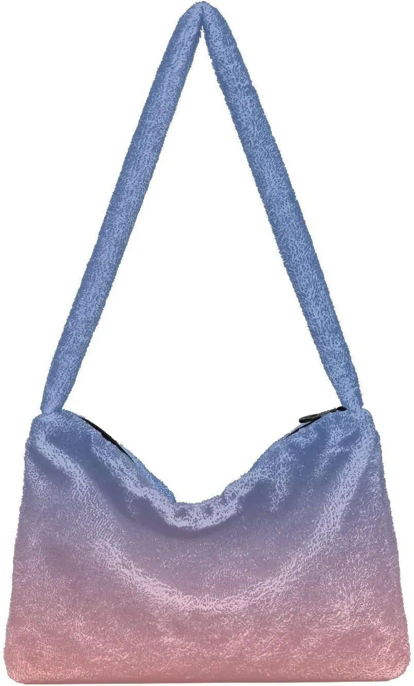 Rainbow Gradient Shoulder Tote Bags for Women Furry Crossbody bag with Zipper Hobo Handbag Purses for University Teen Girls