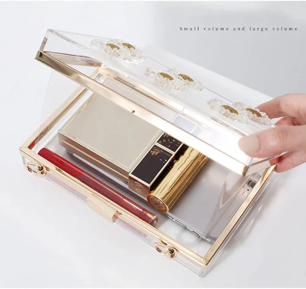 RAN Banquet Evening Bag Women's Clutch Acrylic Purse for Women Metal Chain Shoulder Party Day Clutch, Flap Design
