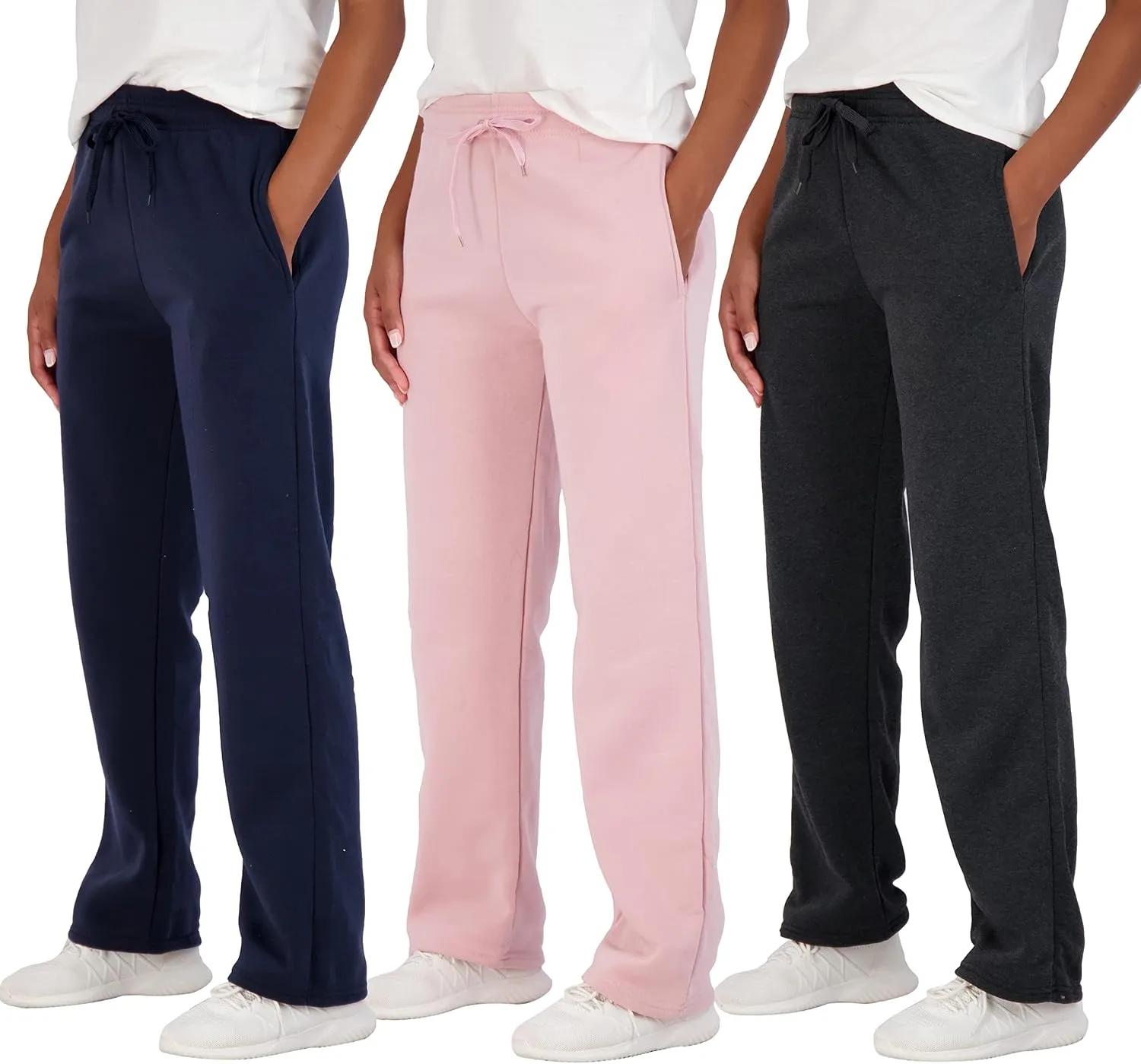 Real Essentials 3 Pack: Women's Relaxed Fit Fleece Open Bottom Sweatpants - Casual Athleisure (Available in Plus)