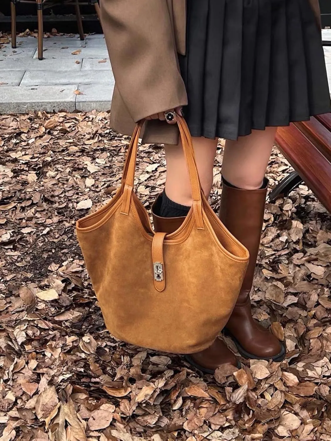 Rejolly Suede Bucket Tote Bags for Women Shoulder Bag Trendy Fall Purse Slouchy Handbag